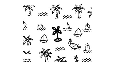 Fototapeta premium Indigo Summer Tropical Beach Seamless Pattern Cute Hand Drawn Palm Tree Vacation Coastal Design Boat Lobster Sea Island Vector Print Exotic 
