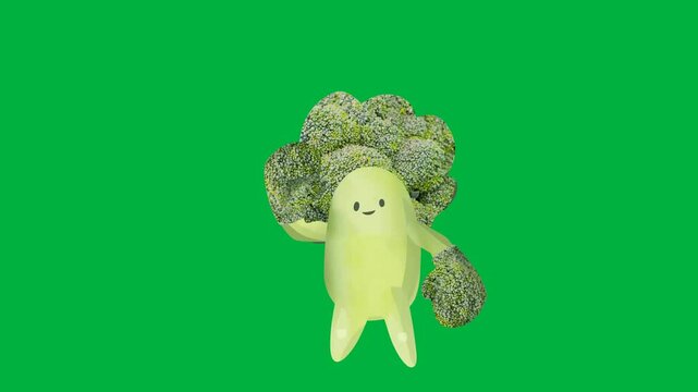 Cartoon broccoli character on a green screen, ideal for food, health, or animation projects. Isolated and easy to use for stock video and chroma key editing.