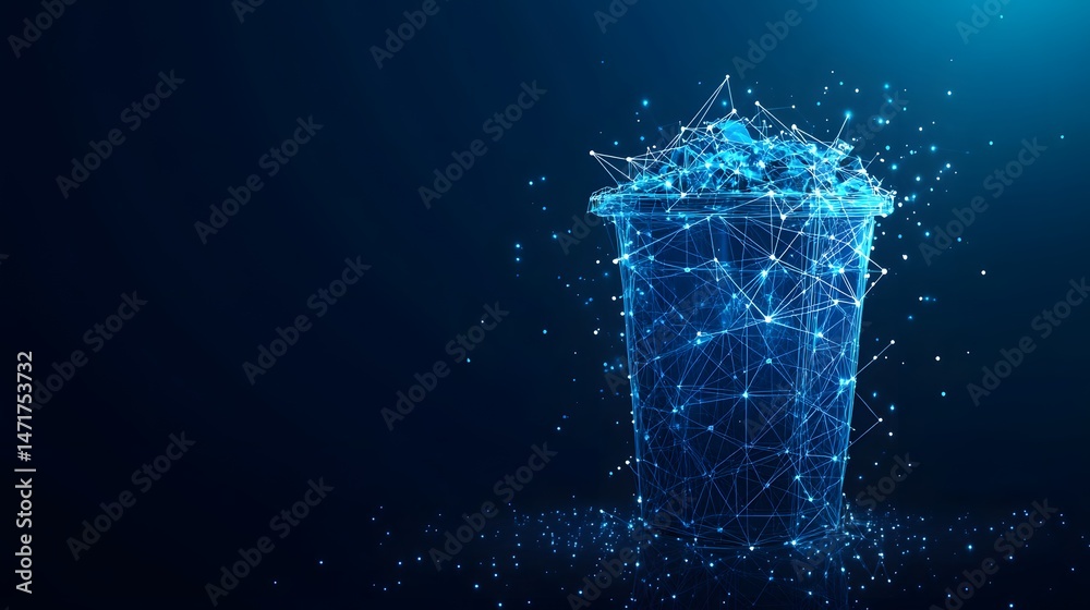 Aufkleber Futuristic trash can artfully rendered with glowing blue networks against a dark gradient. A striking visual blending waste and high-tech aesthetics. For Abstract dark blue wireframe.