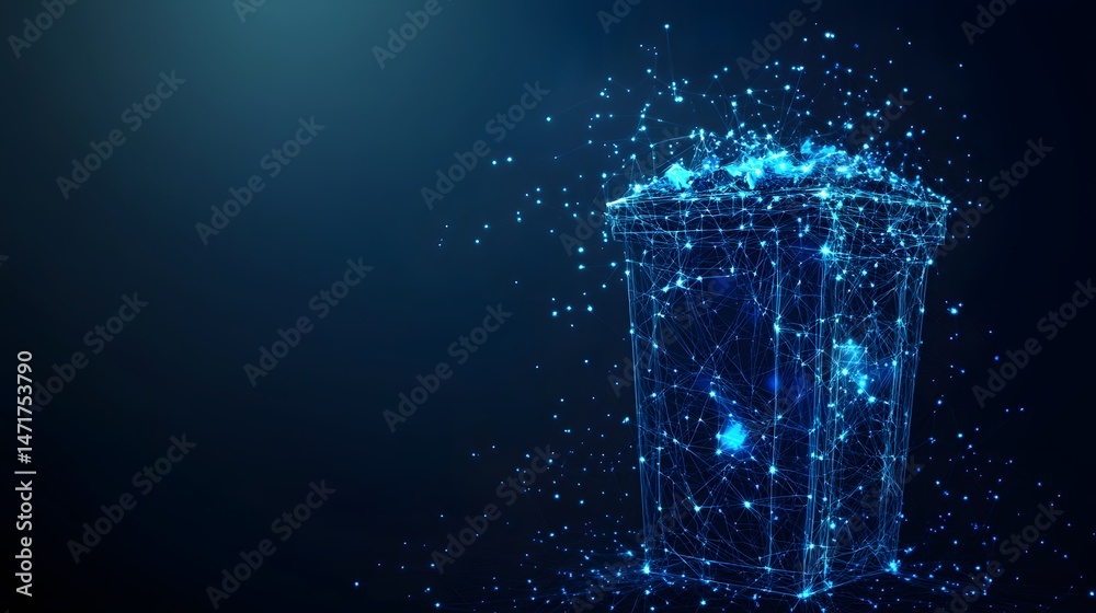 Leinwandbilder Futuristic trash can concept visualized with blue points and lines. The glowing contents suggest digital waste or data overflow. A modern metaphor for environmental issues. Abstract blue wireframe