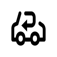 A simple black and white icon depicting a car with a curved arrow indicating a u turn or return action