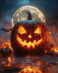 Fototapeta premium Fiery Jack-o'-lantern under a full moon