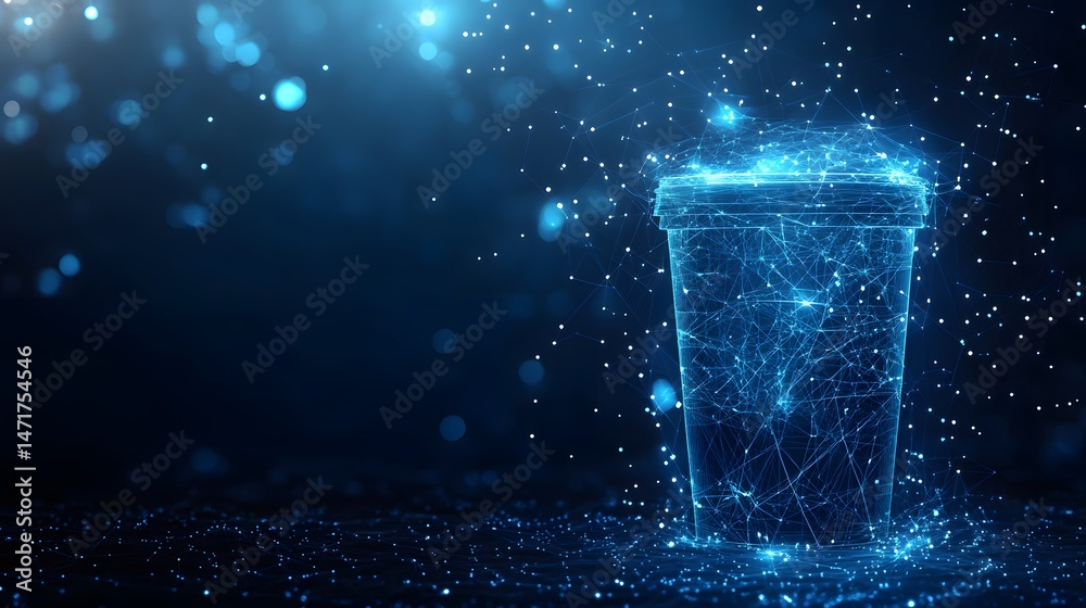 Fototapete Futuristic digital landscape featuring an abstract disposable cup rendered as a glowing network. Blurry bokeh lights create depth and etherealness. Tech-oriented aesthetic. Abstract blue wireframe