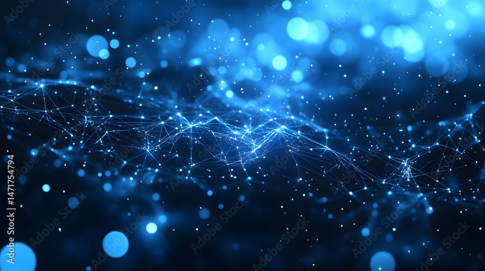 Poster Abstract blue network with interconnected nodes and bokeh, symbolizing digital connectivity and data flow. Ideal for tech backgrounds. Abstract dark blue wireframe.