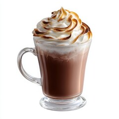 Delicious Hot Chocolate Drink with Toasted Whipped Cream in a Glass Mug