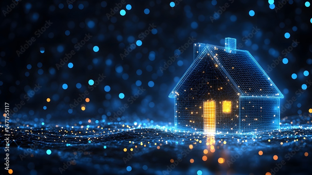Poster futuristic wireframe house glows with warmth against a digital backdrop. a smart home concept with i