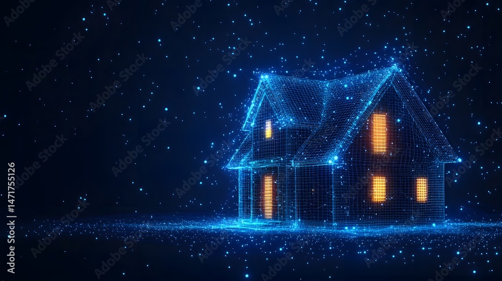 Poster futuristic wireframe house glowing in the digital night, surrounded by stars. warm light spills from
