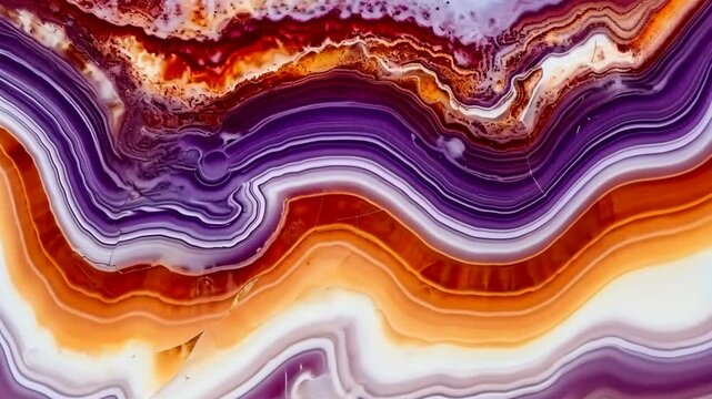 Abstract close-up of agate stone with intricate patterns and vibrant colors, showcasing natural beauty and unique textures, perfect for backgrounds or design elements. Generative 4k video.