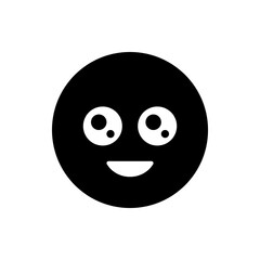 Illustration of a black circular face with large white eyes looking upwards and a simple curved smile design