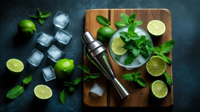 Preparation of Mojito cocktail with ingredients such as mint, lime, and ice.
