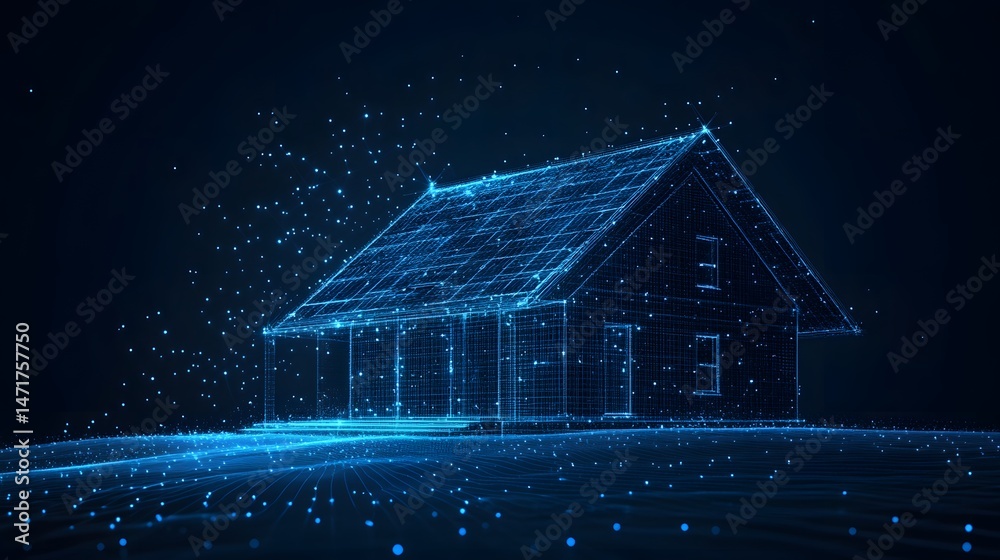 Poster futuristic house design rendered in glowing blue lines against a dark backdrop. a wireframe structur
