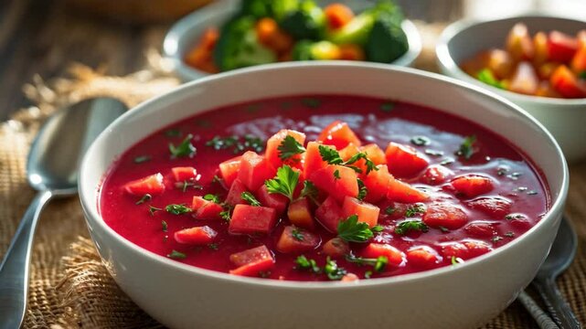 Satisfying bowl of borscht, a striking red beet soup, finished with diced tomatoes. The perfect comfort meal!