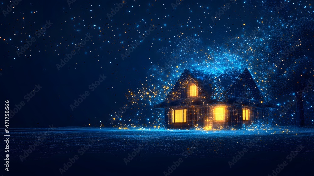 Poster ethereal house glows at night! blue wireframe structure emits magical light. yellow windows hint at 