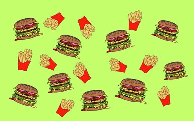 pop and colorful hamburgers seamless pattern. vector wallpaper background. French fries 