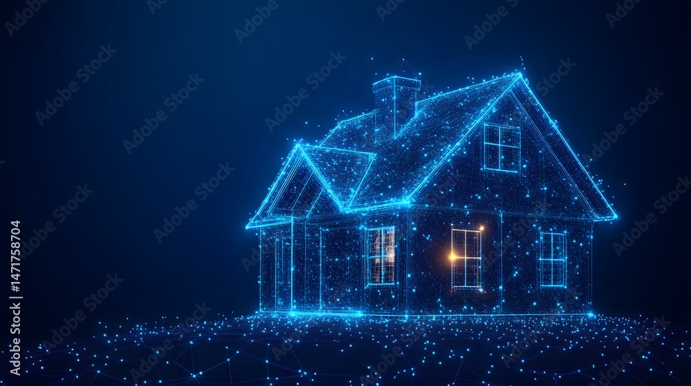 Poster Abstract house rendering. Glowing blue network of points and lines forming a home on a grid. Orange light in window contrasts with blue. Abstract dark blue wireframe