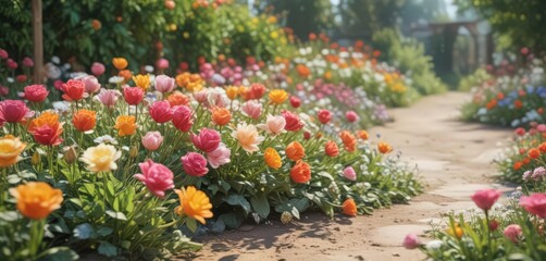 Fototapeta premium Vibrant watercolor blooms, roses, daisies, tulips Summer garden scene , roses, flower art, summer scene