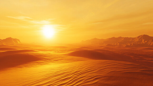 A golden sunset casting long shadows over a quiet desert with rolling sand dunes and a vibrant orange sky