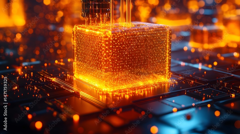 Poster A futuristic visualization of advanced technology. A glowing cube rests on a circuit board with orange connectors and lines, set against a bokeh background. Abstract dark blue wireframe