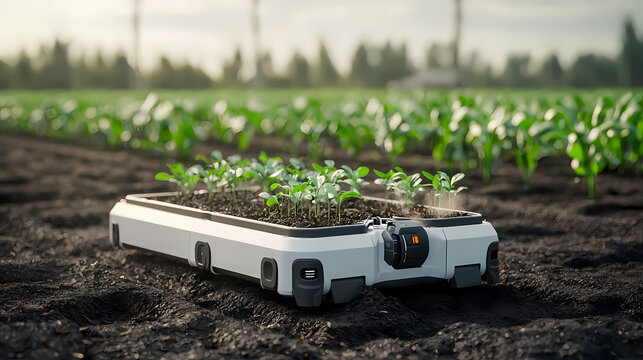 A futuristic agricultural robot tending seedlings in a field, promoting innovation and automation in modern farming.