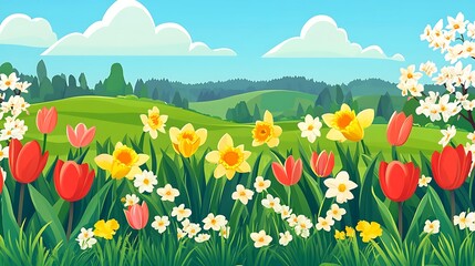 Spring Meadow with Blooming Flowers, and Hills.