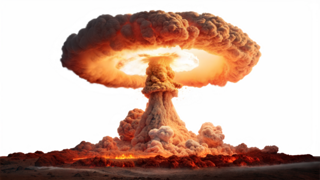 Nuclear explosion mushroom cloud with colorful abstract background isolated on transparent background