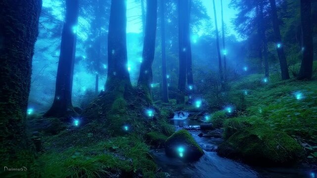 A magical forest at twilight, illuminated by glowing blue fireflies floating above mossy ground and a gentle stream. The camera slowly pans through misty trees, creating an enchanting, serene, and mys