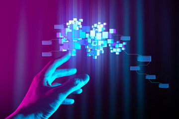 The hand of a businessman interactive touching a holographic image of a financial network, symbolizing the possession of technology artificial intelligence