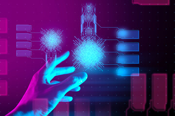 The hand of a businessman interactive touching a holographic image of a financial network,...