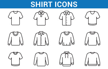 Collection of Clothing Icons, T-shirts, Shirts, Jackets, and Tank Tops, Fashion Sketches, Apparel Line Icons