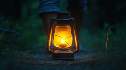 Person walking through dark woods at night, lit by a vintage lantern
