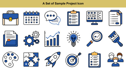 Blue project icons showcase business growth, planning, and tools needed on white background