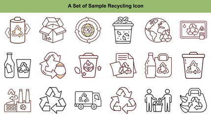 Fototapeta premium Line art shows a collection of recycling icons including truck, earth, and factory