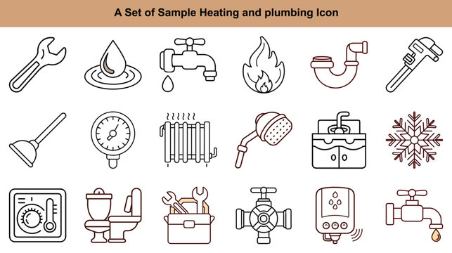 Multiple isolated plumbing and heating line icons showcase diverse elements for technical service work