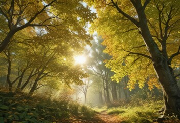 Obraz premium Sun-dappled autumn leaves, dense deciduous canopy, green undergrowth, wild, natural, scenic