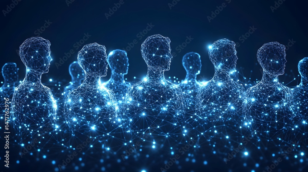 Leinwandbilder digital crowd rendered as blue wireframes against a dark blue gradient. interconnected lines symboli