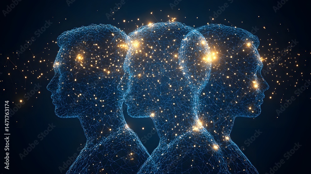 Leinwandbilder Three interconnected profiles glow with data. A futuristic depiction of AI, minds linked by neural networks, against a deep blue. High tech connectivity. Abstract dark blue wireframe