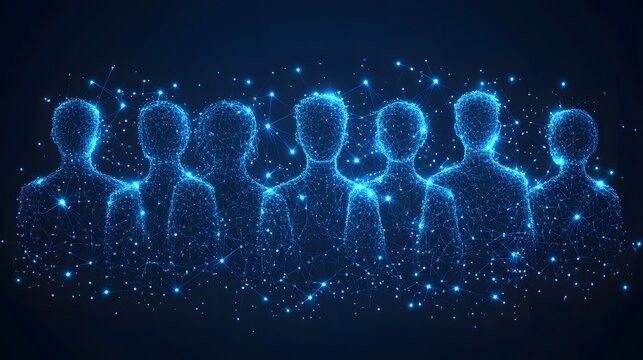 A futuristic display showcases interconnectedness, depicting human figures as glowing blue networks, reflecting modern technology and collective identity. Abstract dark blue wireframe