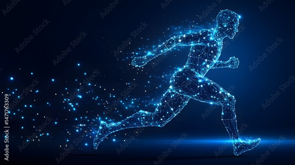 Poster futuristic runner depicted as light points and lines against a dark blue backdrop. captures dynamic 