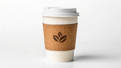 Takeaway Coffee Cup with Kraft Sleeve Isolated on White Background &ndash; Cafe Branding Mockup