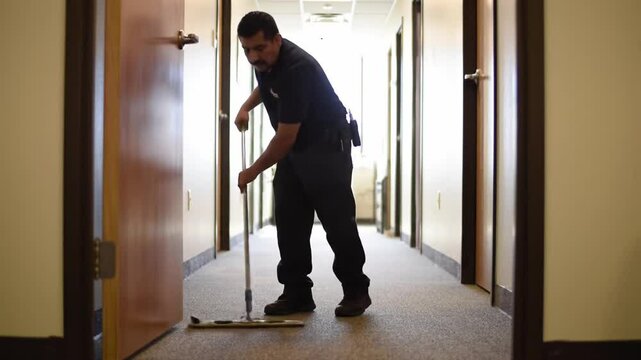 Worker cleaning office hallway with mop during working hours in a bright clean environment