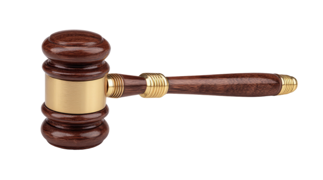 Polished wooden gavel with golden band resting on base on transparent background

