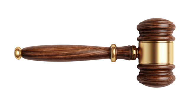 Polished wooden gavel with golden band resting on base on transparent background

