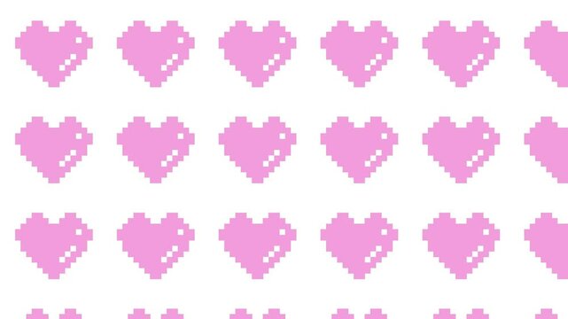 ピンクのドット絵ハートの背景イラスト動画、ピクセルアート。Video illustration featuring a pink pixel-art heart background.