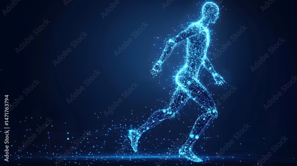 Aufkleber dynamic digital human figure, a futuristic representation of movement and technology. glowing blue d