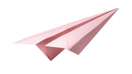 Sharply folded pastel pink paper airplane with crisp edges on transparent background

