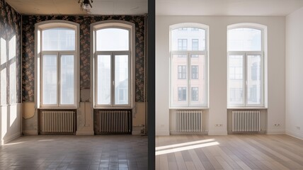 Renovated Rooms with Spacious Windows and Heating Systems, Before and After Restoration, Comparing Old Apartment with Newly Renovated Residence