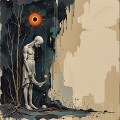 an artistic representation of a figure standing in what appears to be an abandoned landscape