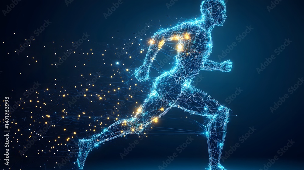 Poster futuristic runner visualized as a network of light, symbolizing technology and speed. the figure's d
