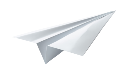 Sharply folded white paper airplane with crisp edges on transparent background

