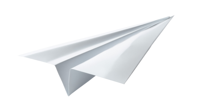 Sharply folded white paper airplane with crisp edges on transparent background

